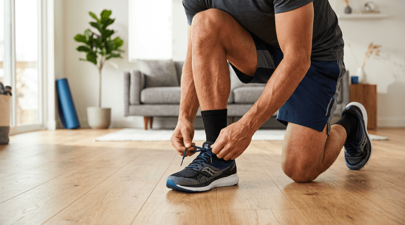 Man tying running shoes preparing for exercise