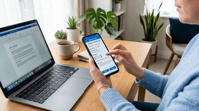 Person completing a medical intake form on their phone