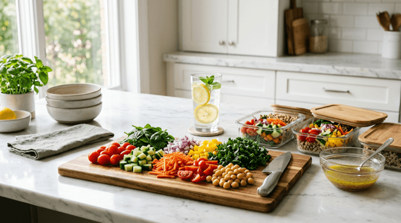 Fresh meal prep with colorful vegetables and healthy ingredients