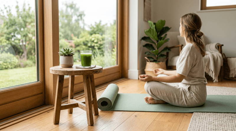 Peaceful morning wellness routine with yoga and green juice