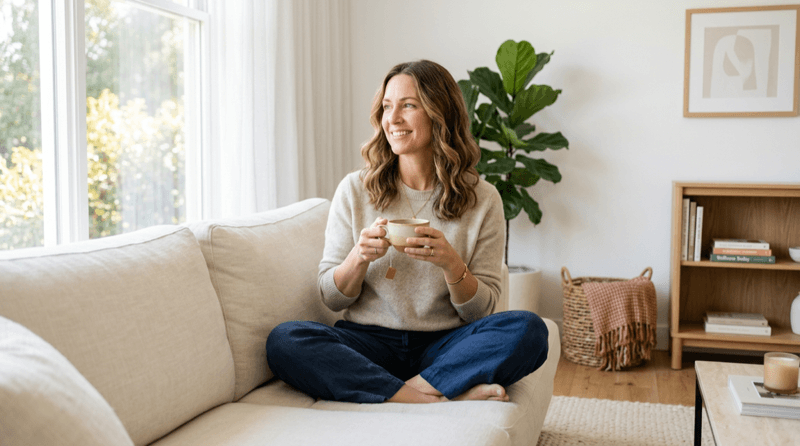 Woman relaxing at home with tea