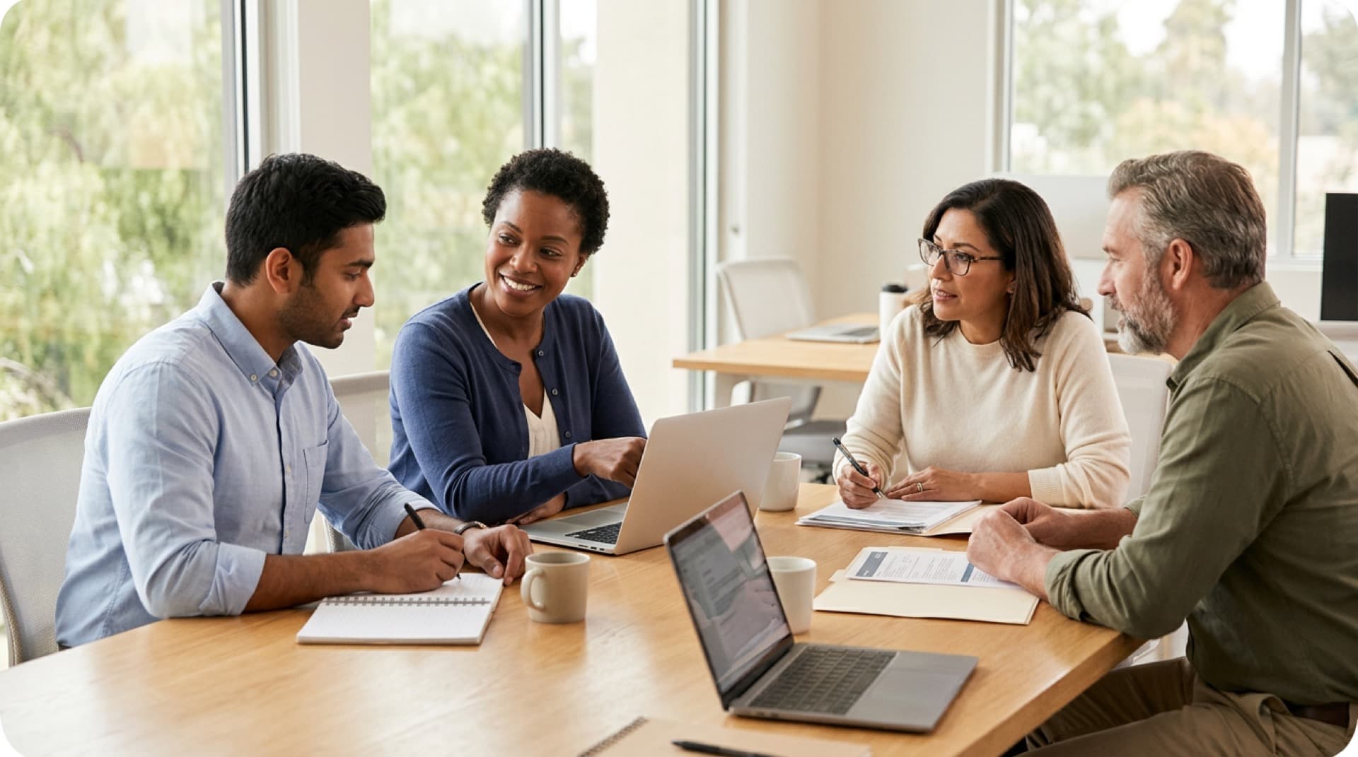 Diverse team collaborating around a table in a bright workspace