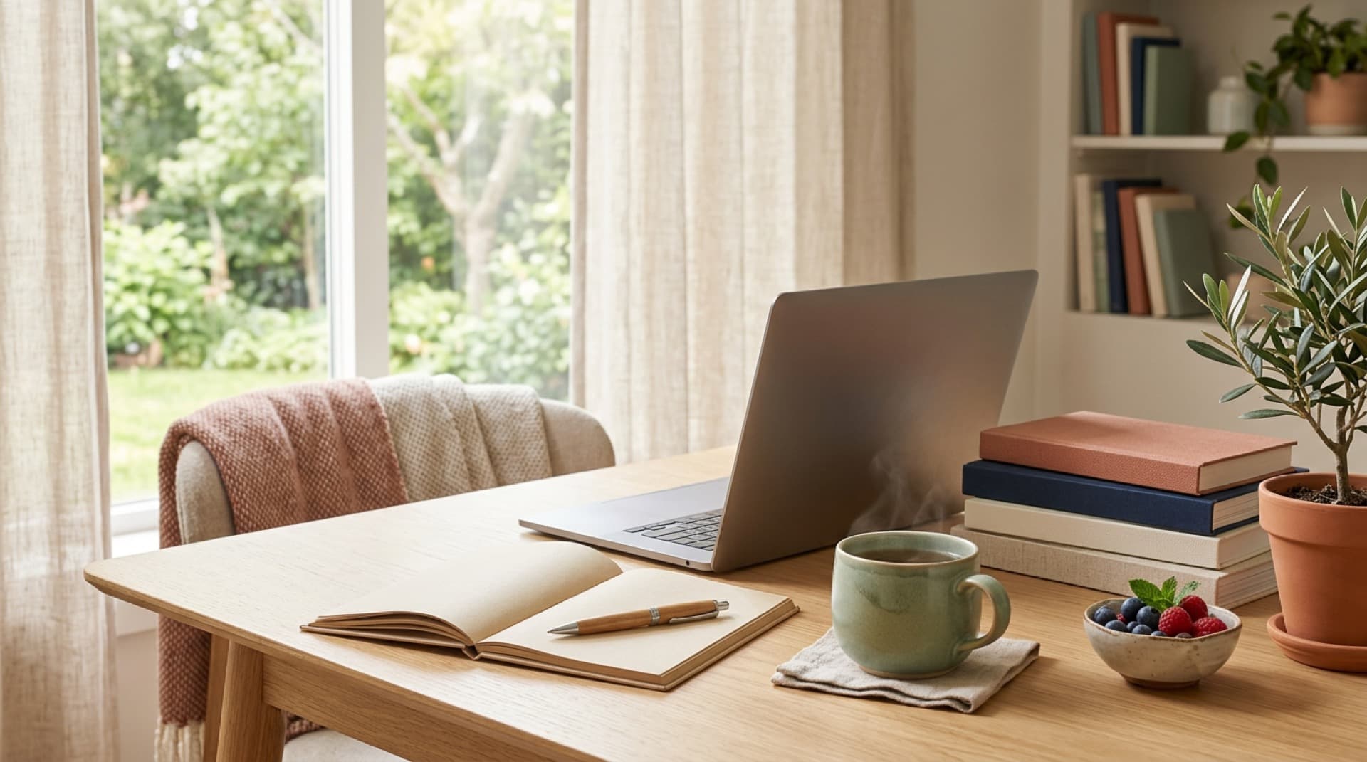 Laptop, notebook, tea, and wellness books on a sunlit desk