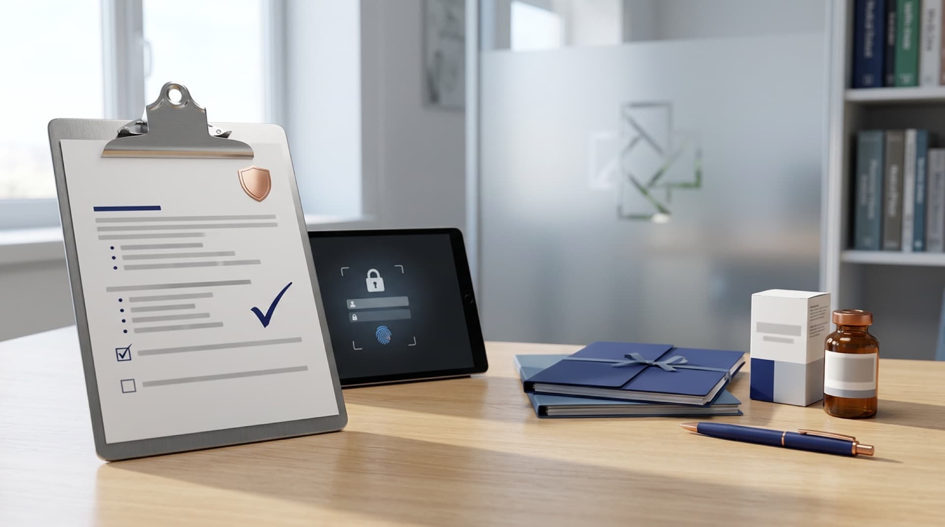 Clipboard with checkmark, locked tablet, and pharmacy compliance documents