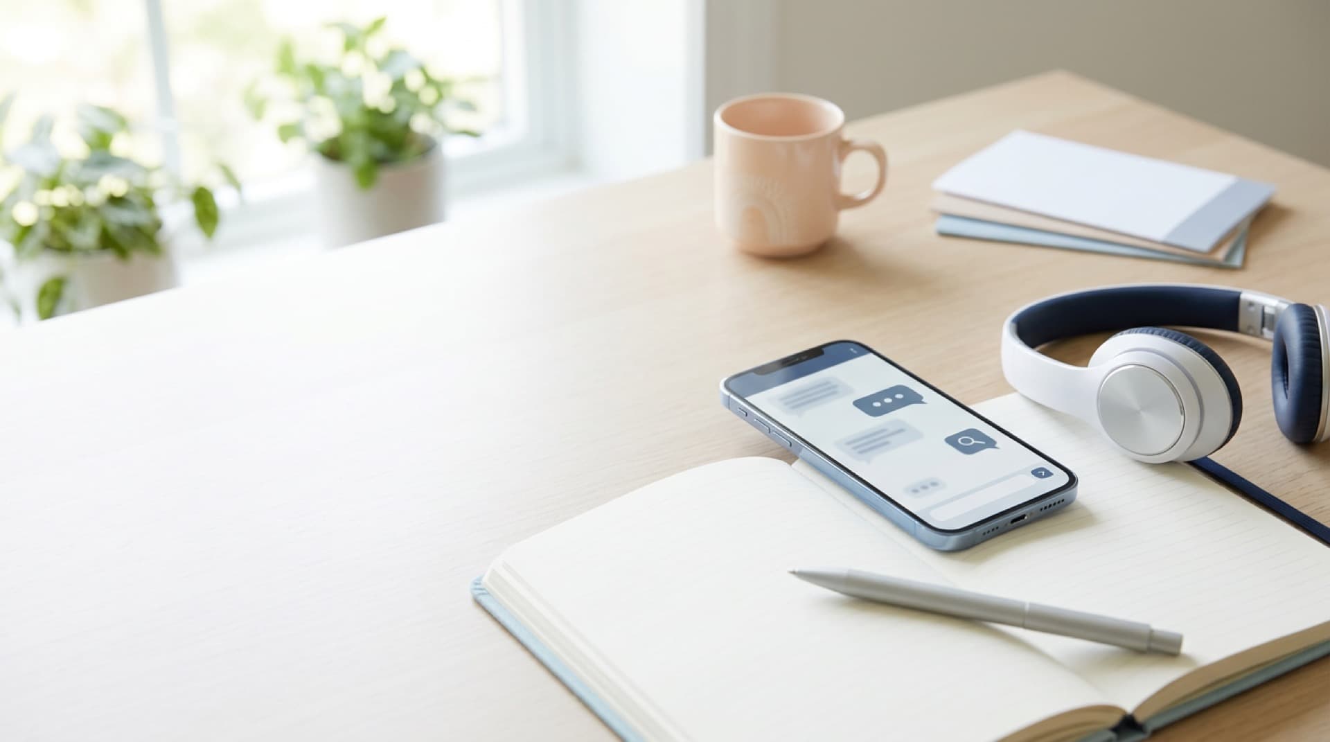 Phone with chat interface, headphones, and notebook on a clean desk