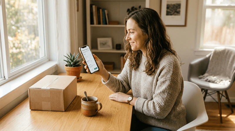 Patient completing a telehealth intake on their phone with a pharmacy delivery package nearby